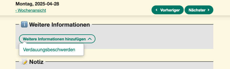 Schaltfläche 'Weitere Informationen hinzufügen' mit geöffnetem Untermenü und der Schaltfläche 'Verdauungsbeschwerden'.